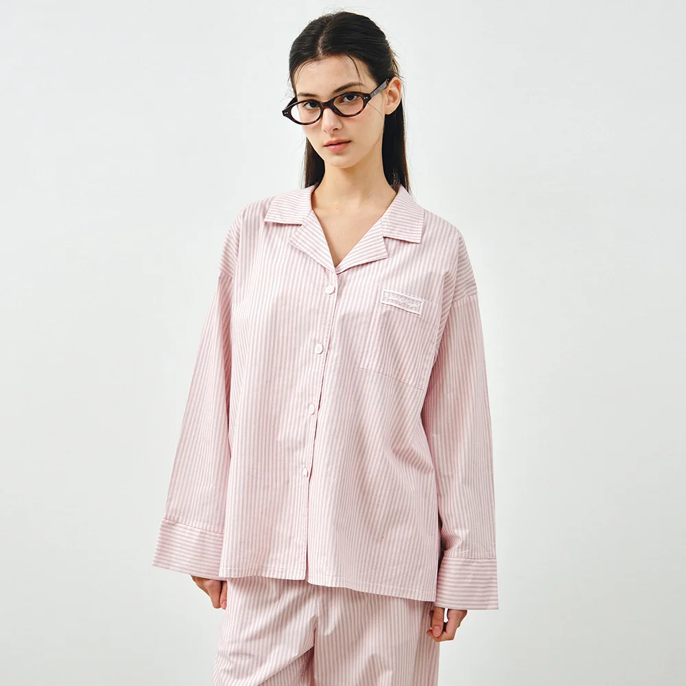 舒適 純棉 條紋 長袖 睡衣 粉色 MDPJ005PINK