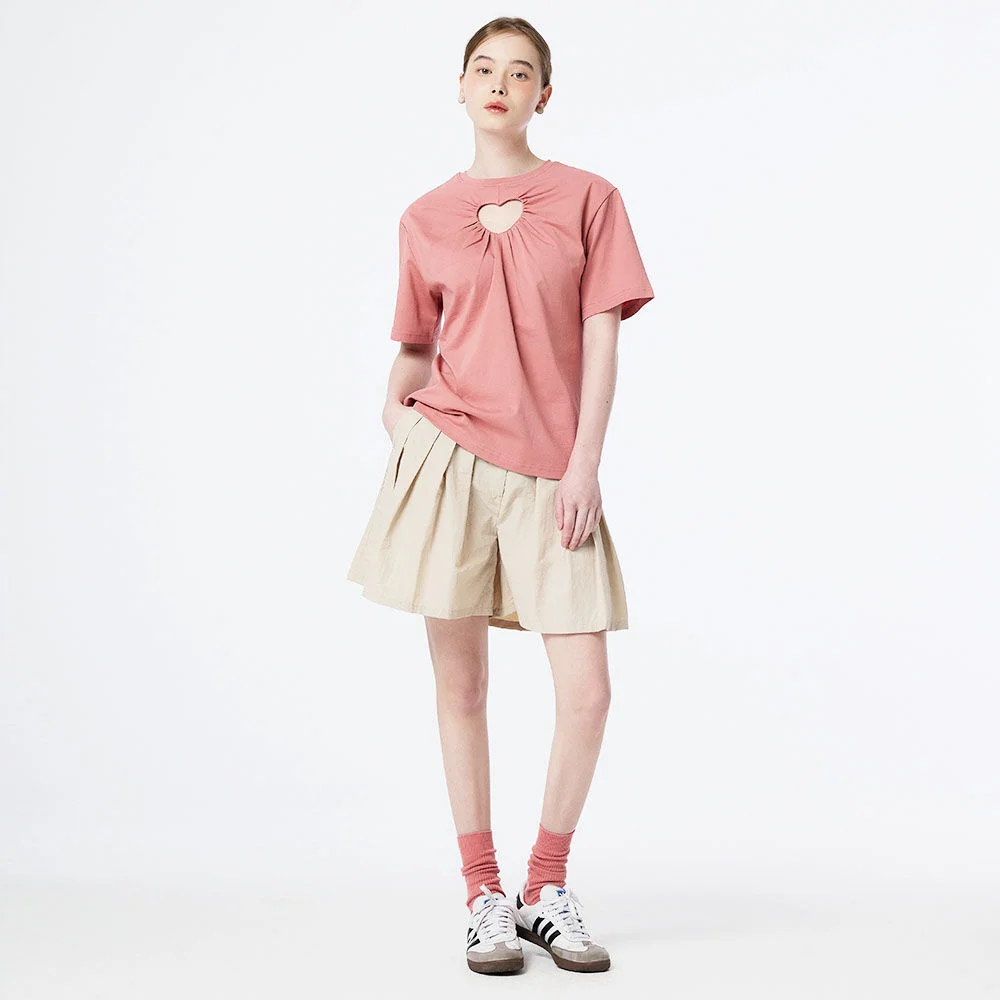 CUT OUT HEART SHIRRING T-SHIRTS (PINK)