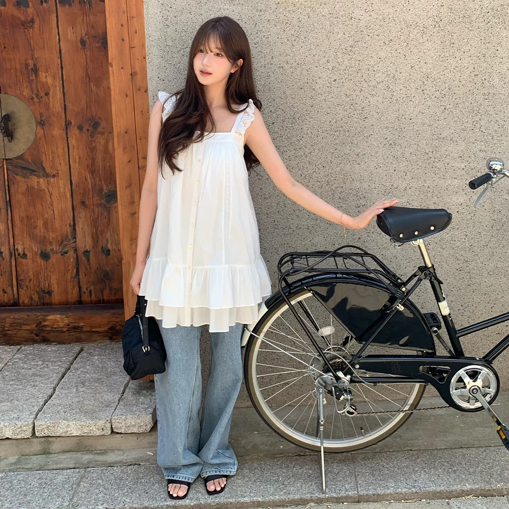 Ain Ruffle Square Neck Dress_White