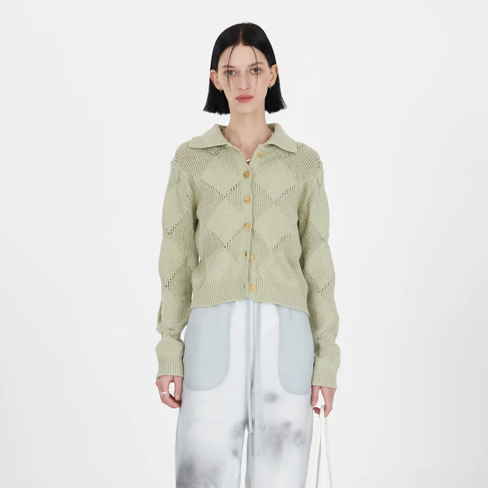 Argyle Knit Collar Cardigan (Dusty Green)