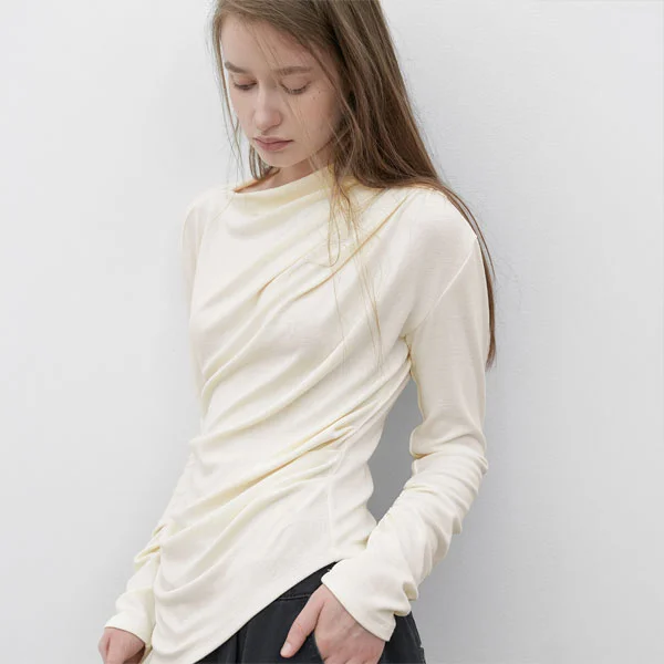 (T-7275)SOFT SLIT NECK SHIRRING JERSEY TOP