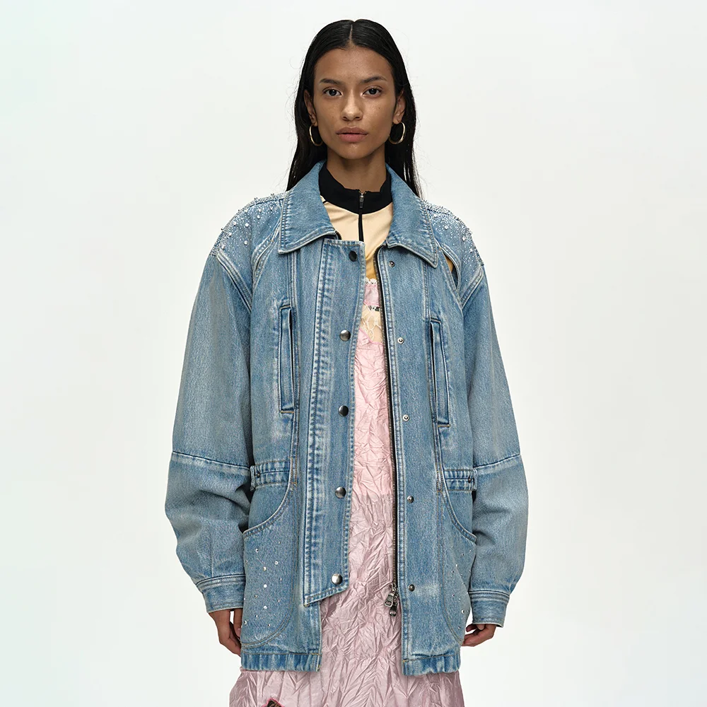 JEWELED DENIM WORK JACKET awa754w(BLUE)