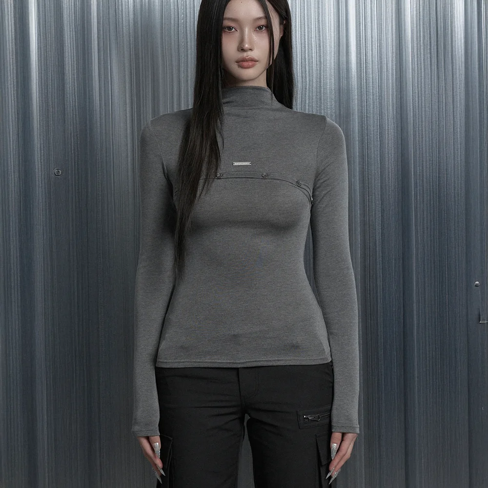 On-Off Button Split Long Sleeve Tee (Gray)
