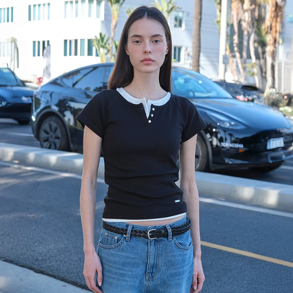 Lay Button Raglan Top - Black