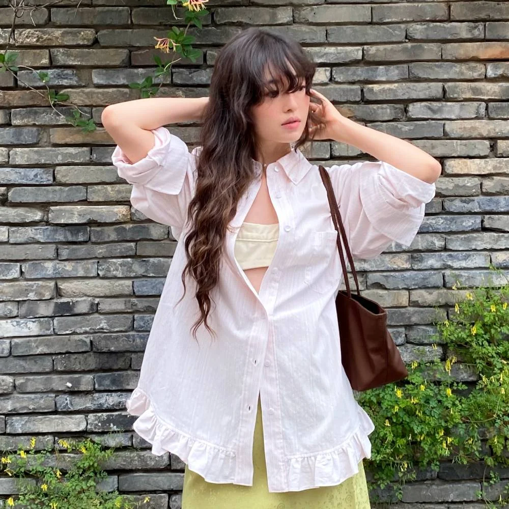 Chouetties by LUCKY CHOUETTE_ Stripe Frill Shirts Blouse (pink) LASAX26310PIL