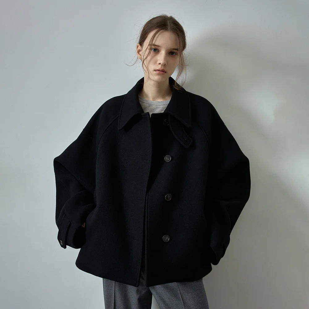 寬鬆版型 羊絨 半 大褸_black