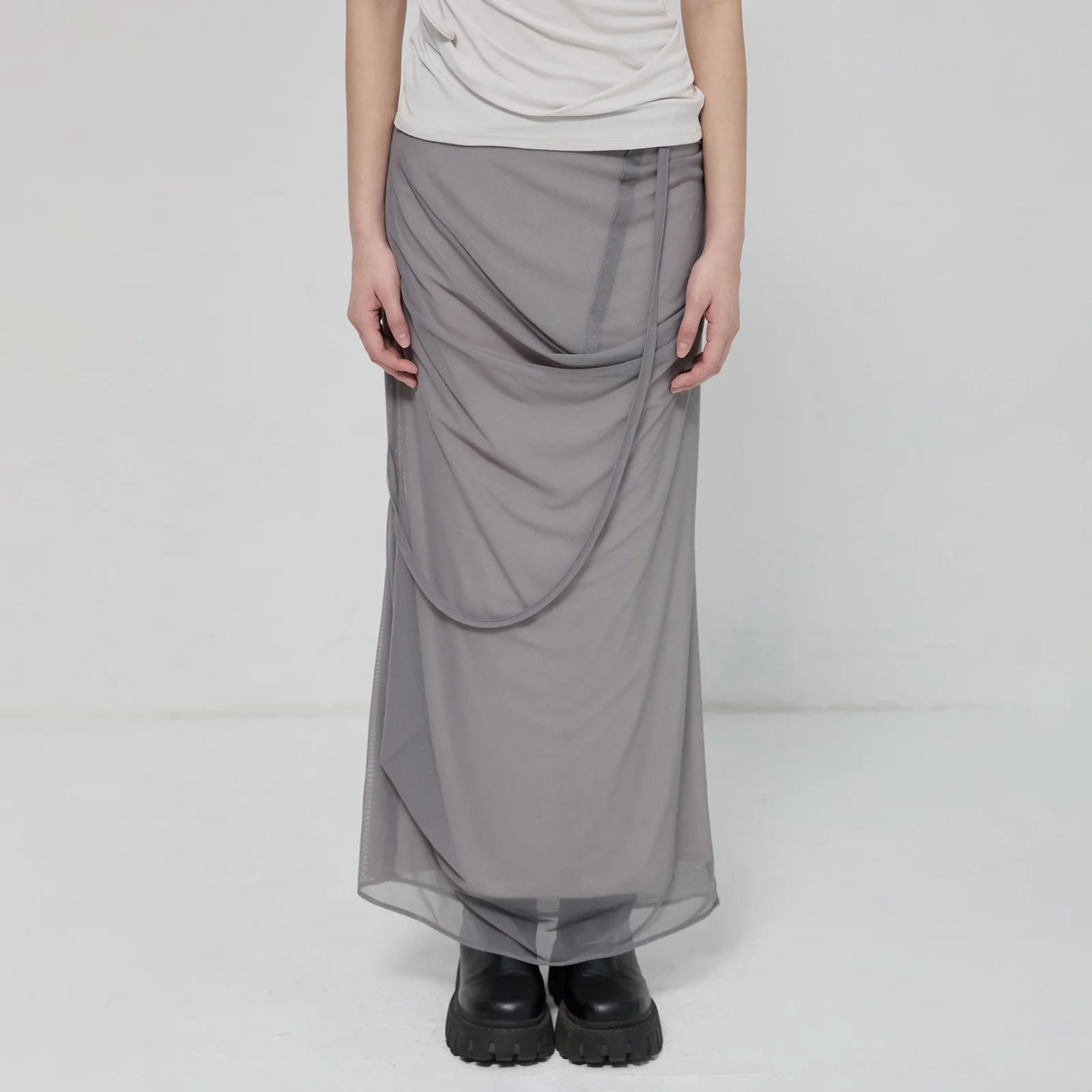 Draped Mesh Layered Long Skirt (FL-264_Gray)