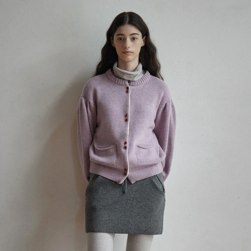 Two Button Balloon Puff Sleeve Knit Cardigan