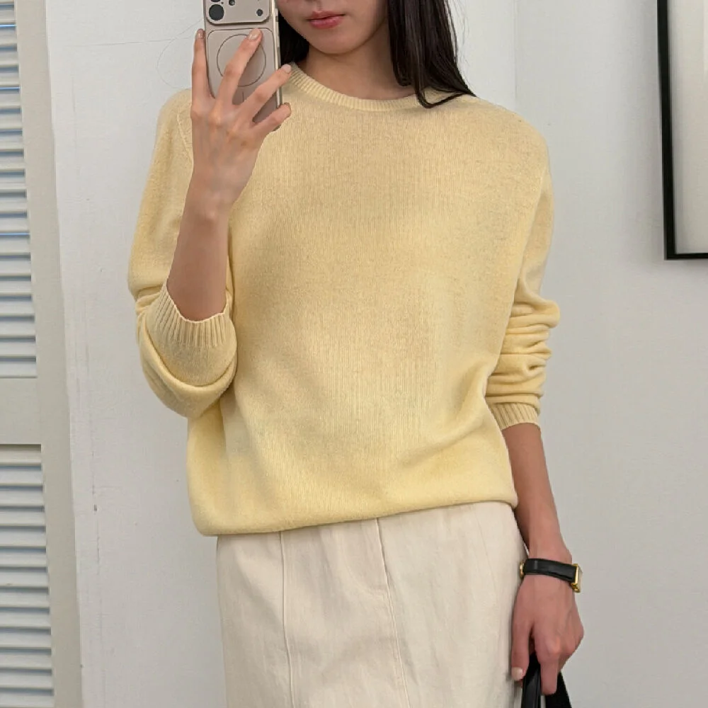 CASHMERE BLENDED ROUND WOOL KNIT _Butter