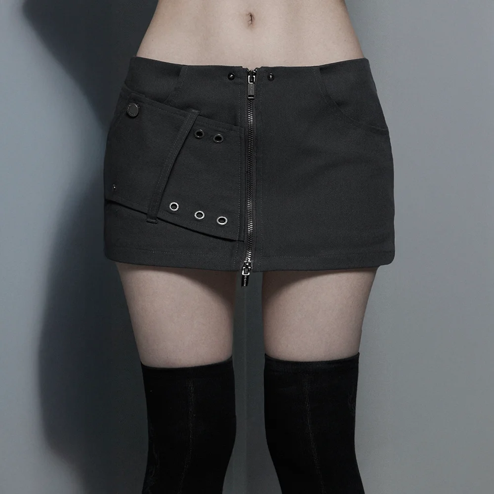 Front Zip Belt Detail Mini Skirt (Dark Gray)