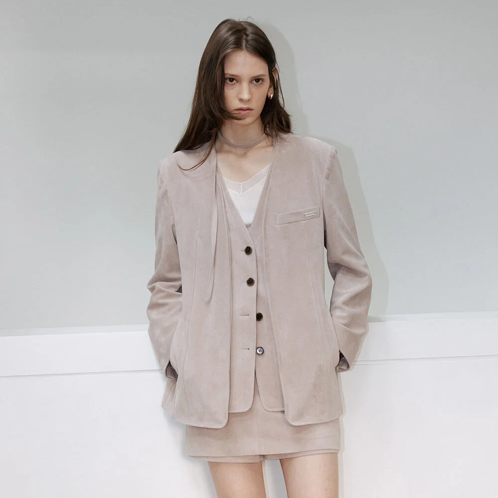 Faux Suede Collarless Layered Jacket SL6XJ938-91