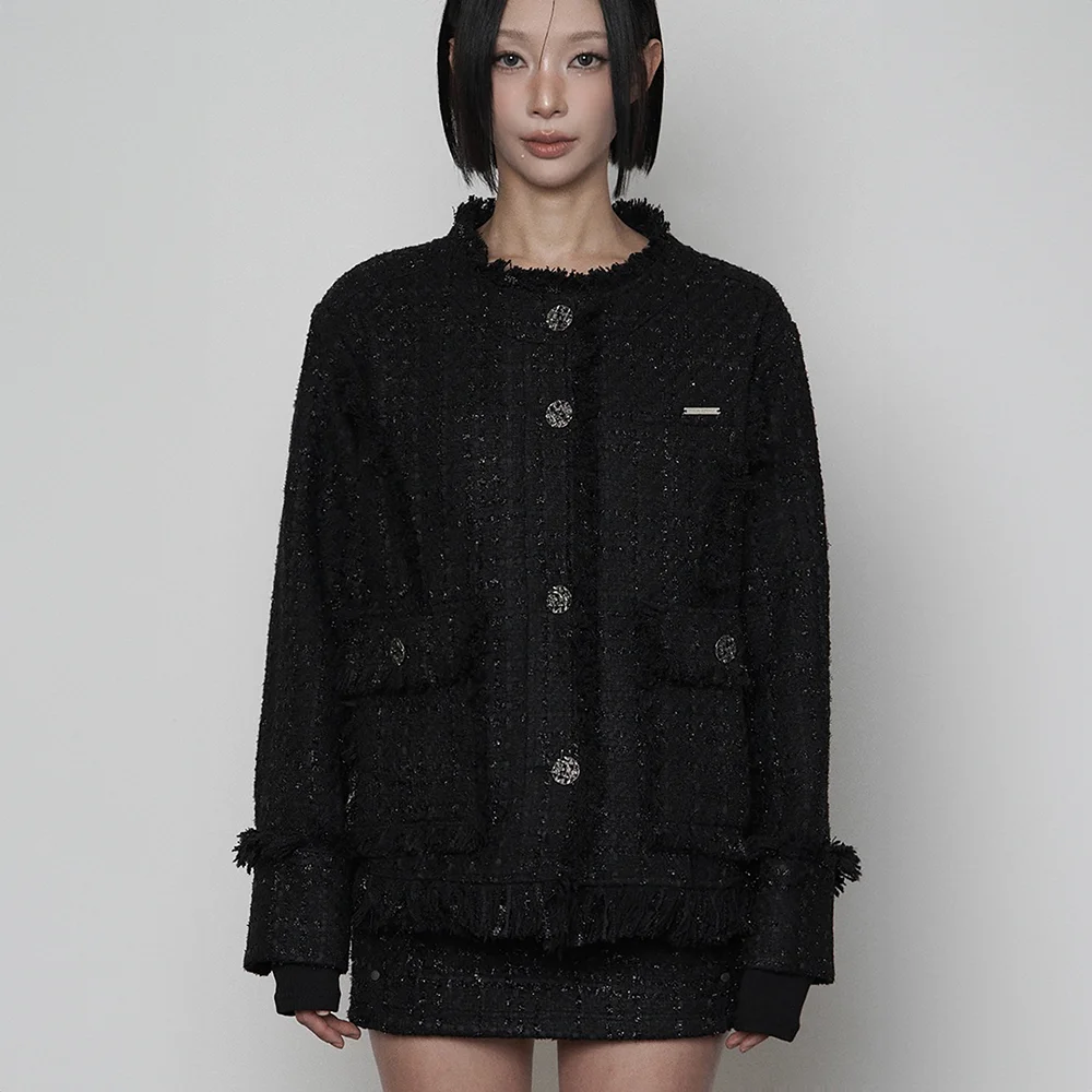 Back- belt Pocket Overfit Tweed Jacket ( BLACK )