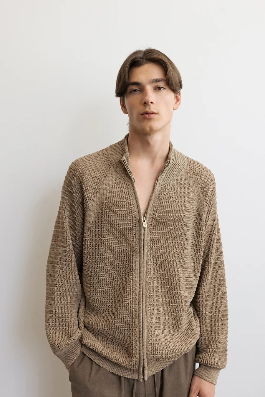 OPEN KNIT ZIP-UP CARDIGAN