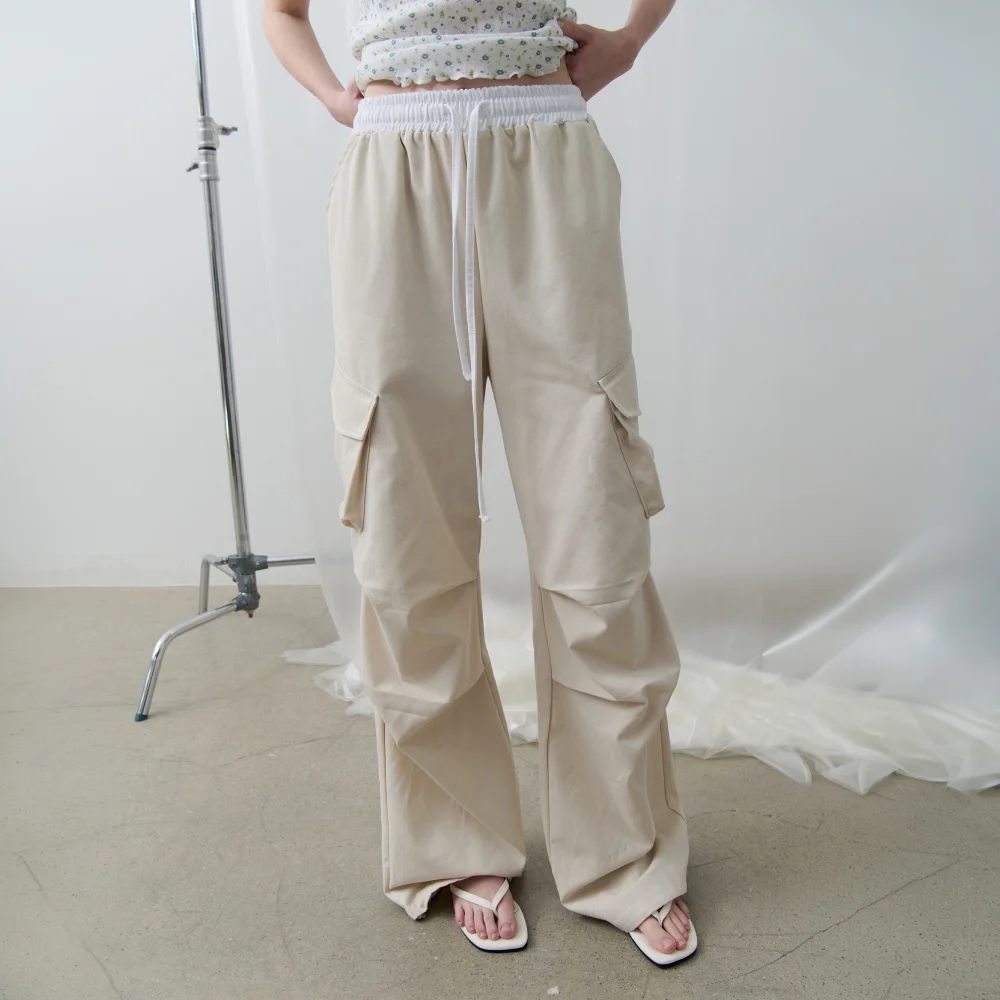 Contrast Waist Parachute Cargo Pants (Cream)