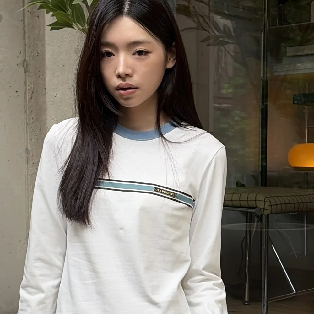 Stripe Metal Logo Point Long Sleeve White Mint