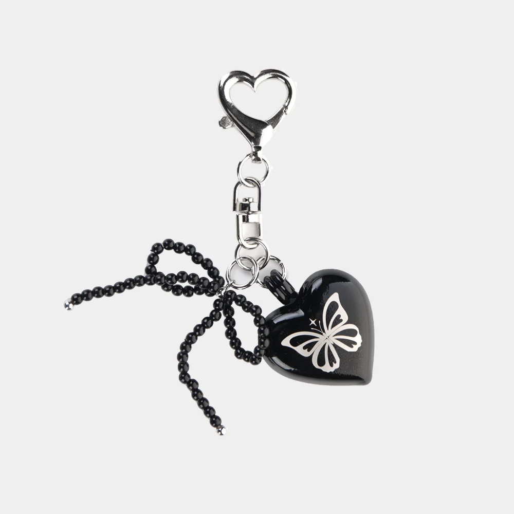HEART BUTTERFLY LOGO PEARL RIBBON KEYRING_BLACK