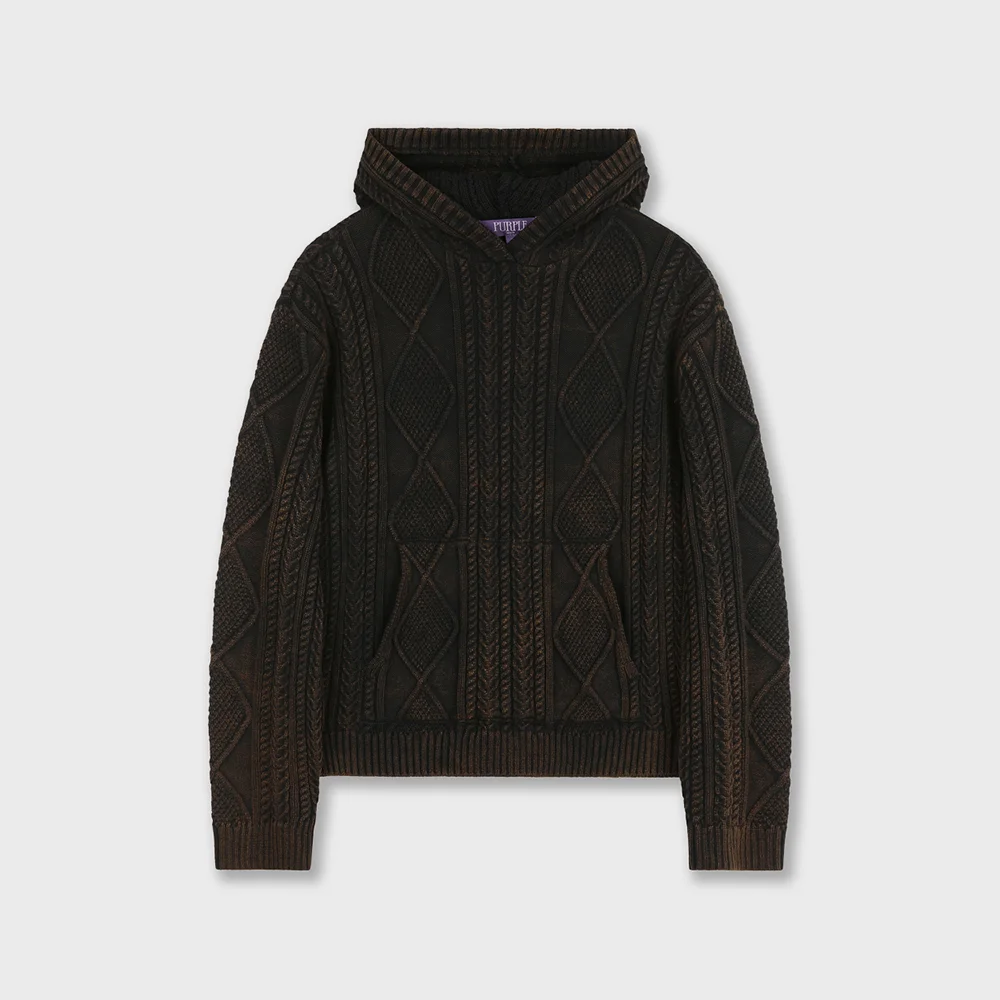 FISHERMAN CABLE KNIT HOODIE WASHED BLACK