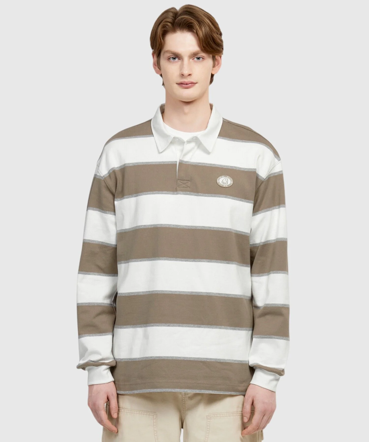 學院風 橄欖球 Polo 長袖 T恤 - U_Beige BROWN_OUP26219BB