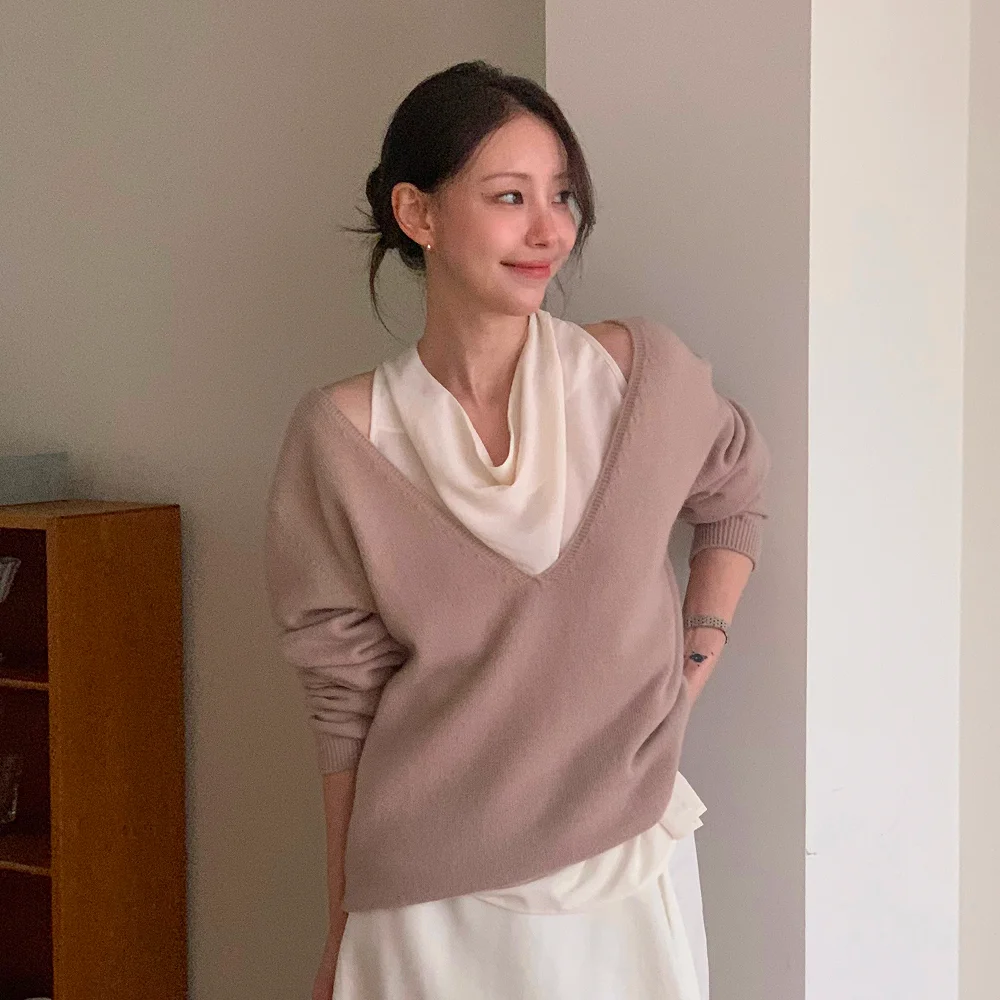 CASH WOOL DEEP V-NECK KNIT_MAUVE PINK