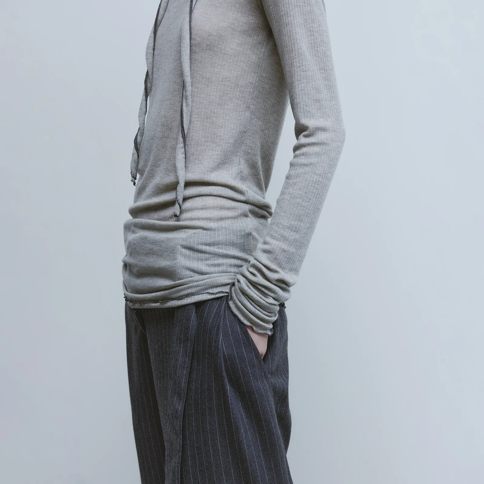 Tied High-neck Jersey Top-Light Grey
