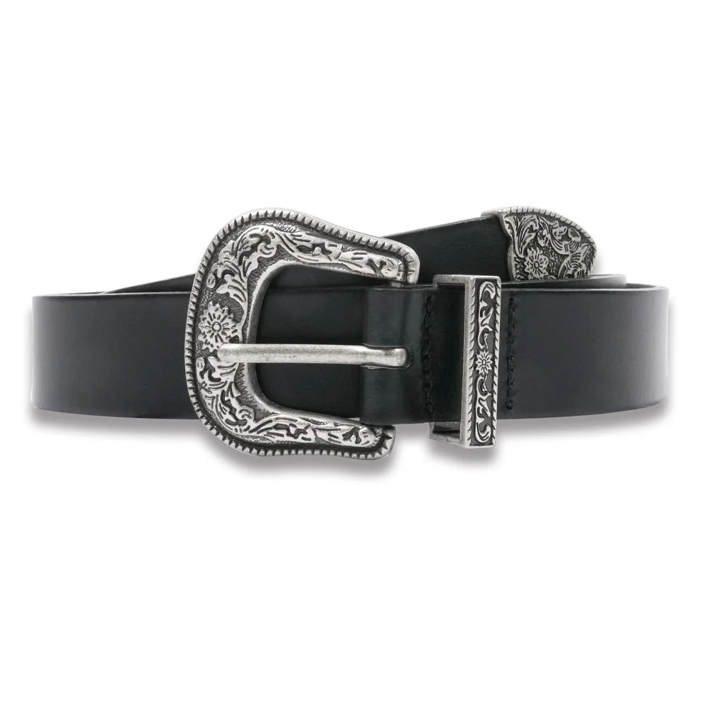 Flower Western cowhide belt in Black