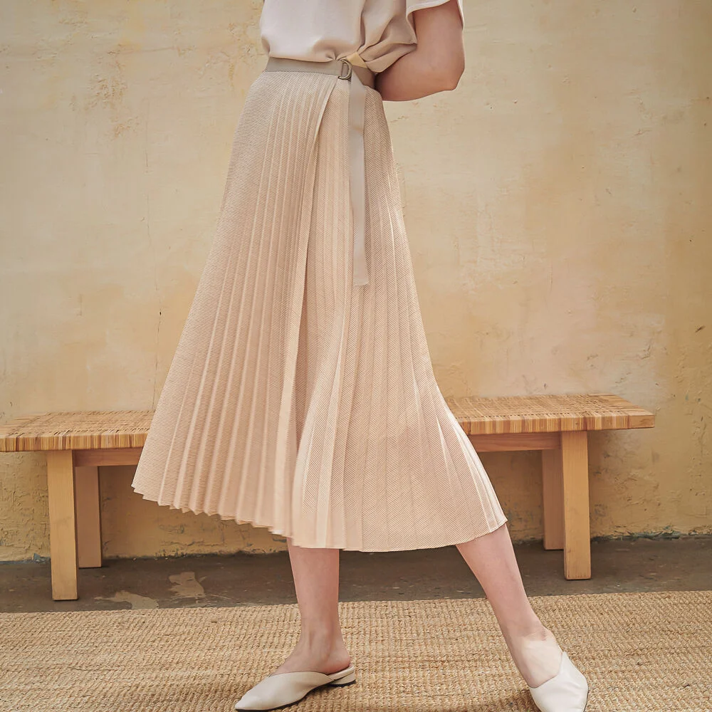 Marta Stripe Pleats Wrap Skirt_Beige
