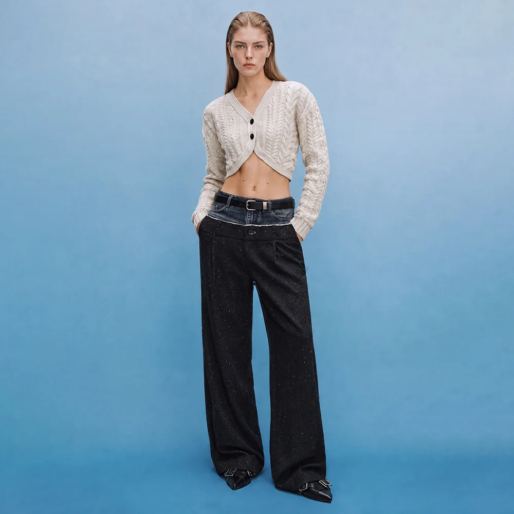 DENIM-WAIST NEP WOOL TROUSERS (BLACK)