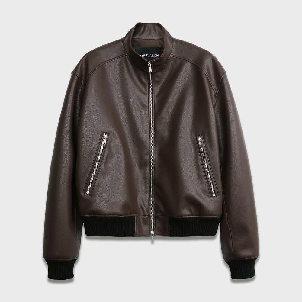 立領 短版 皮革 短身外套 BROWN