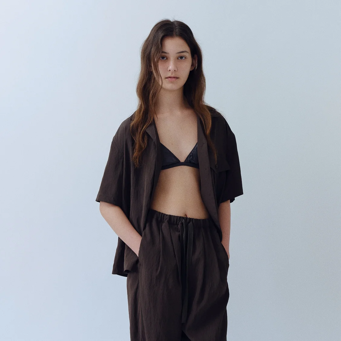 Silky Pocket Half Shirt(Brown)