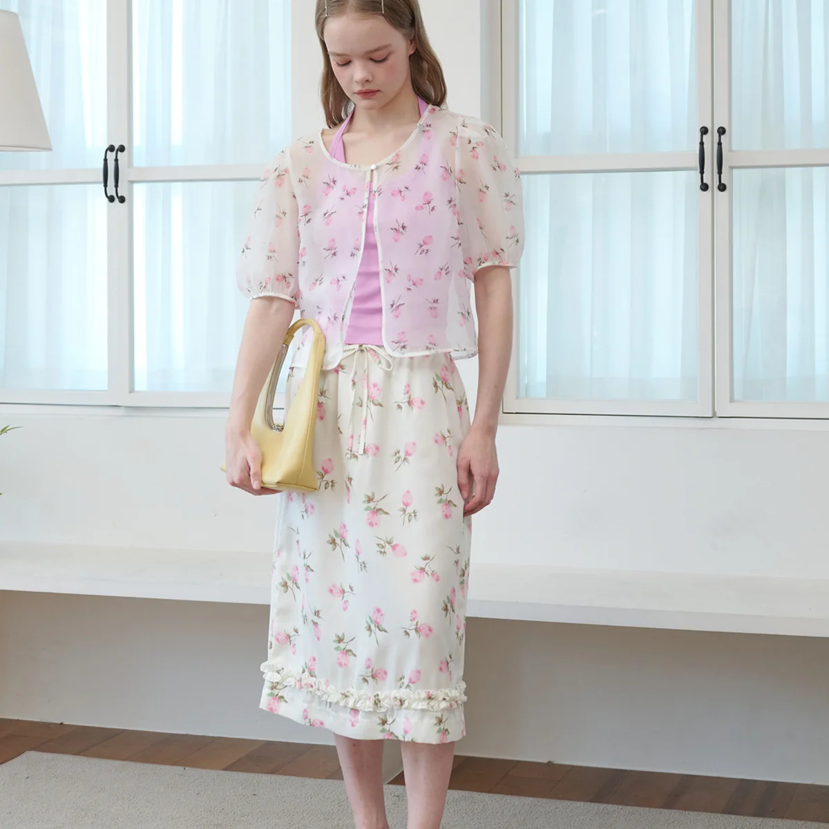 Frill Midi Satin Skirt Cream Flower