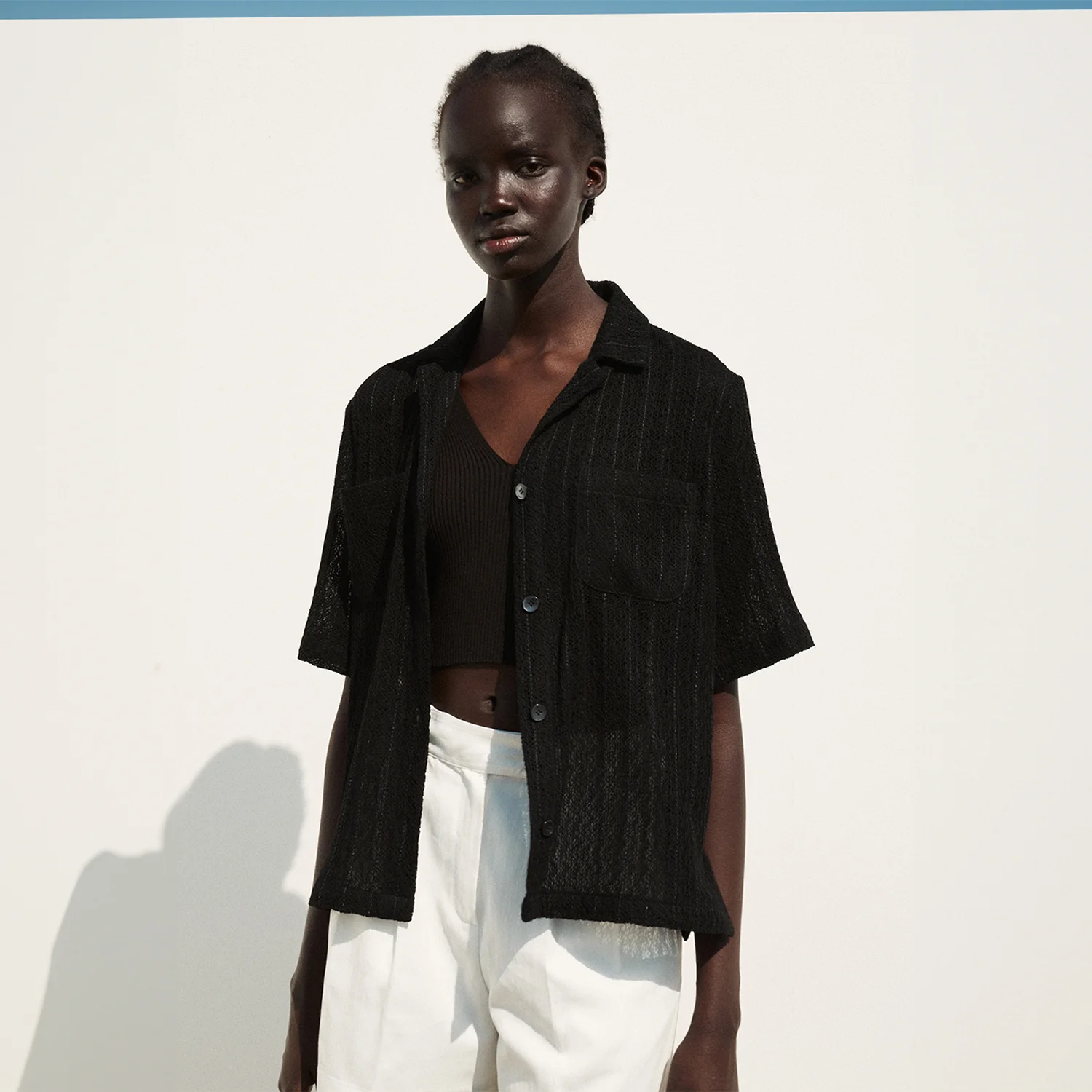 LINEN BLENDED OPEN KNIT SHIRT
