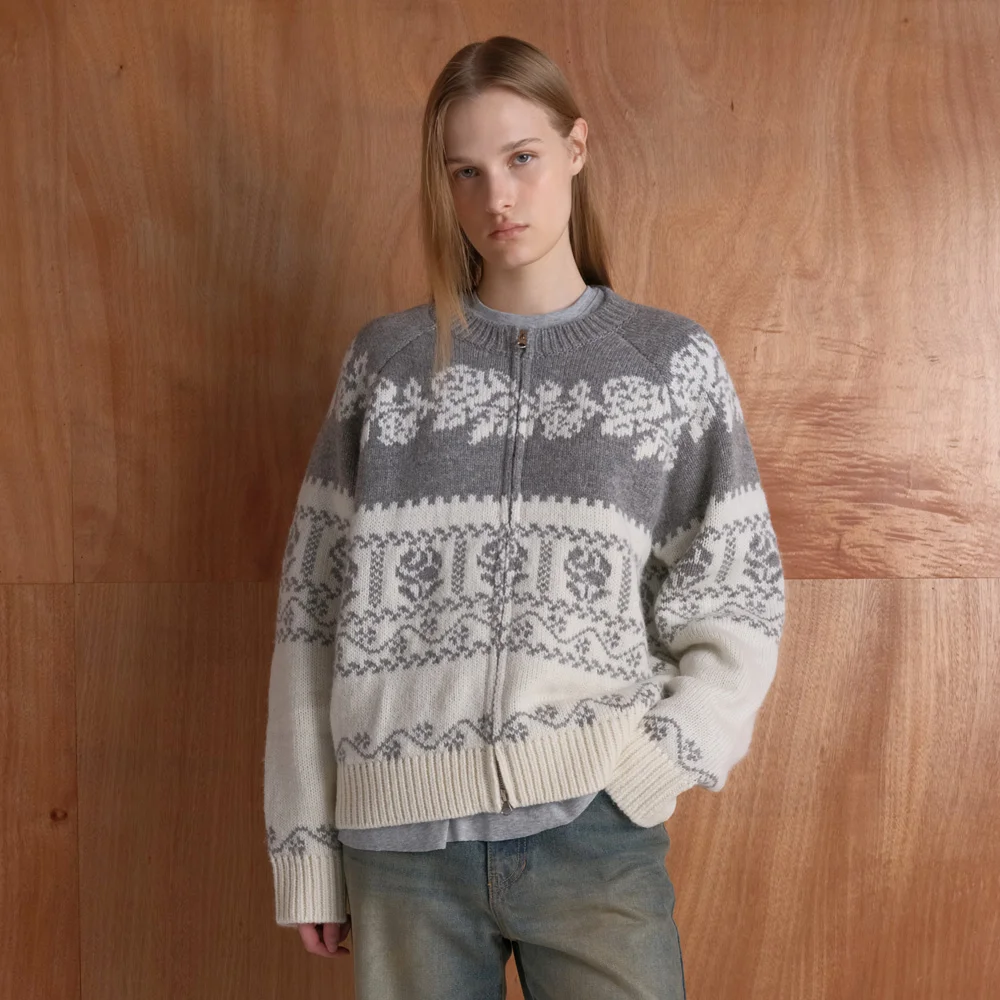 Rose Jacquard Zip-up Knit in Grey VK5AD189-12