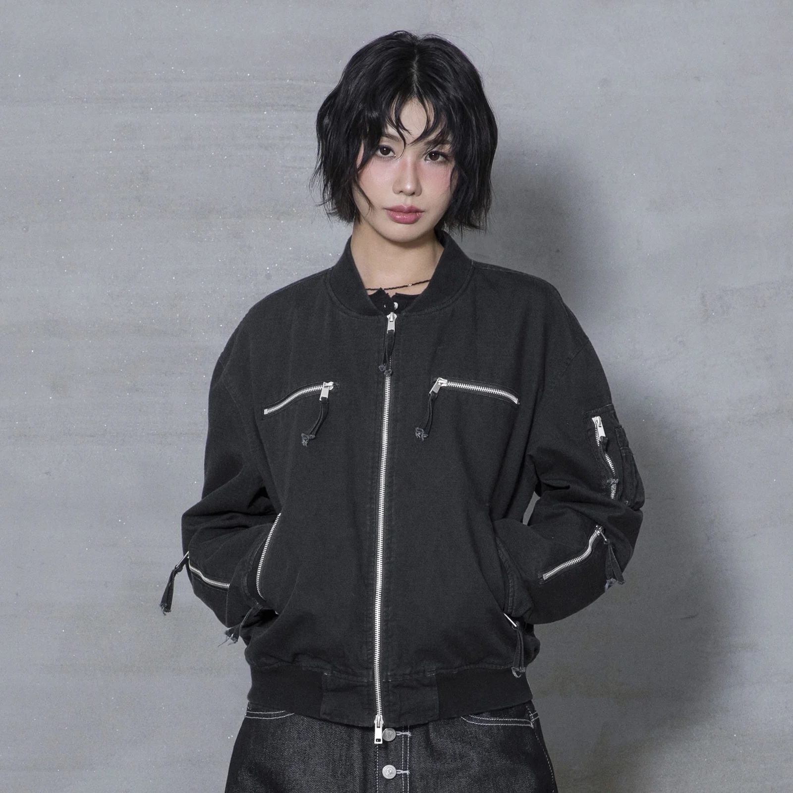 XJ141 多色 拉鏈 短版 MA-1 外套 (BLACK)