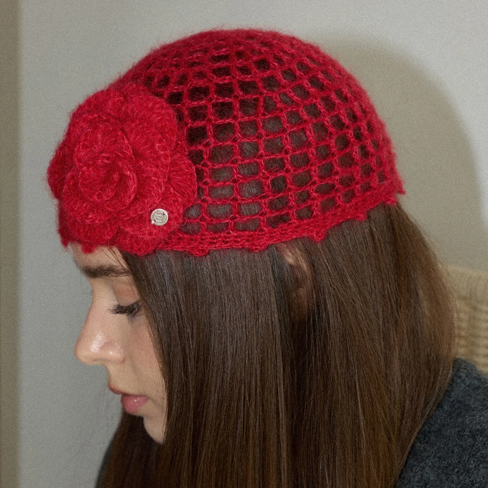 Camellia Handmade Crochet Mohair Knit Punching Short Beanie _ Red