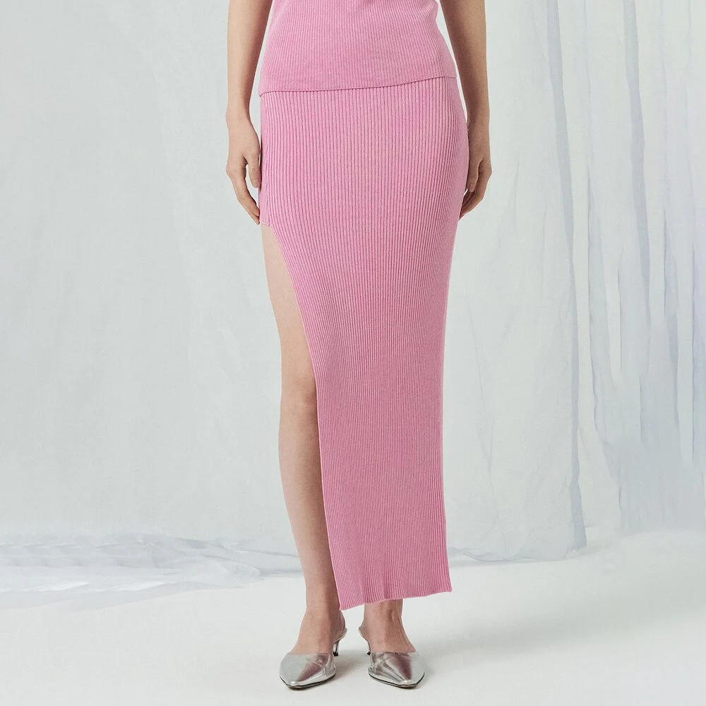 Rose Knit Side Slit Long Skirt Pink (AG4727S02X)