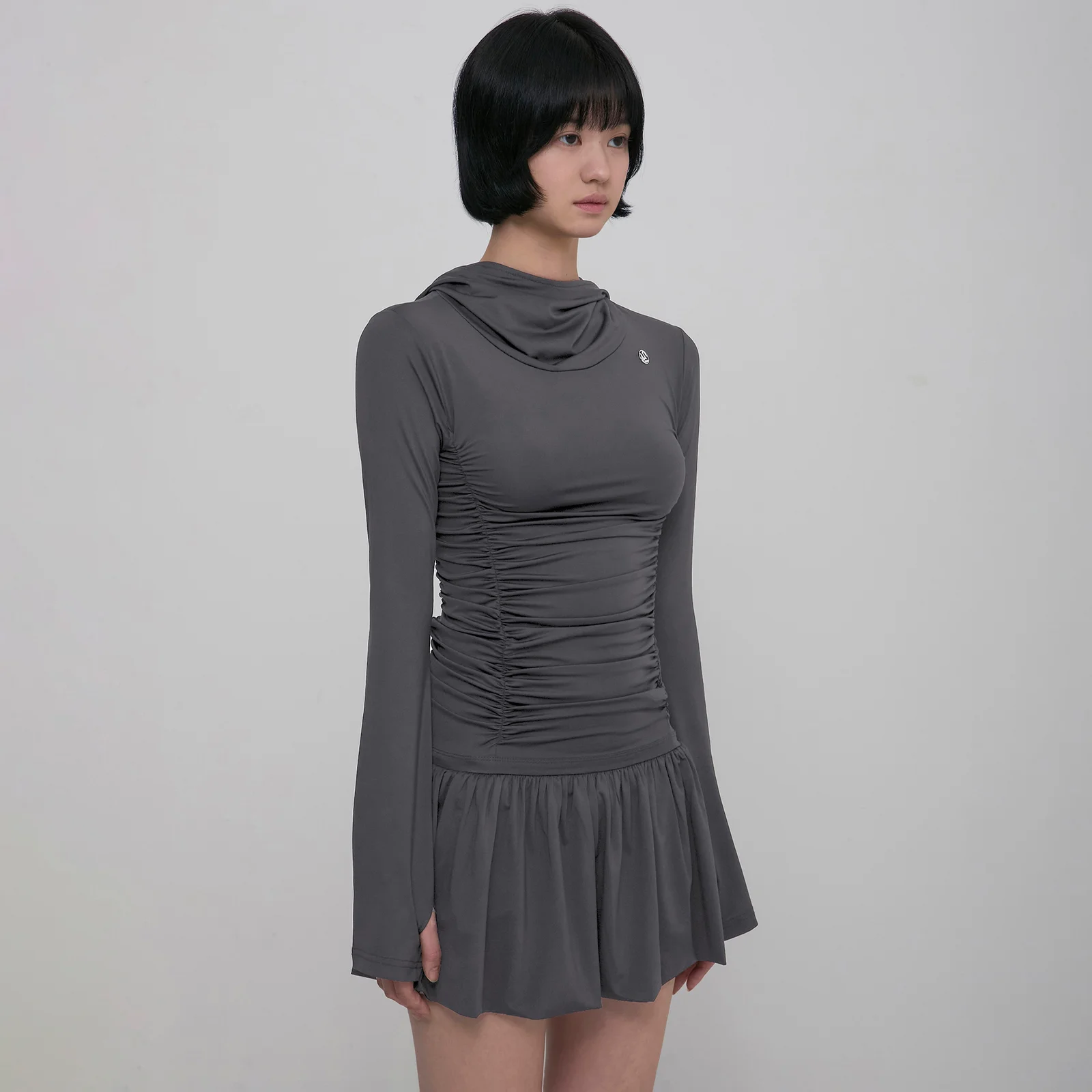 Hooded High Neck Long Dress (FL-185_Charcoal)