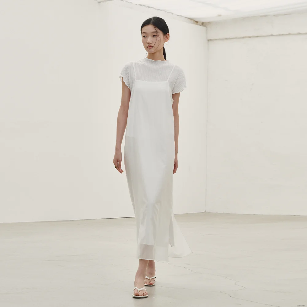 層次 無袖 長 連身裙 - 白色 / Layered Sleeveless Long Dress - White
