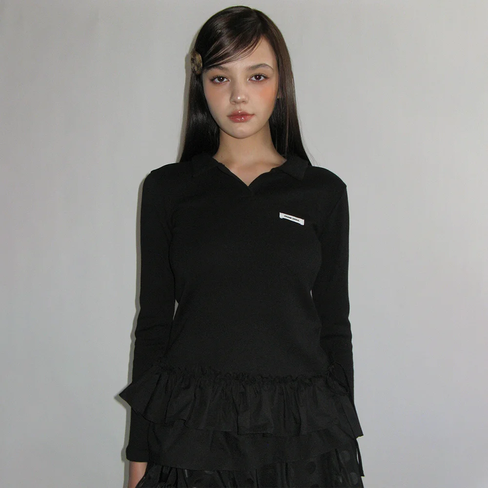 DOUBLE FRILL COLLARED TOP_BLACK