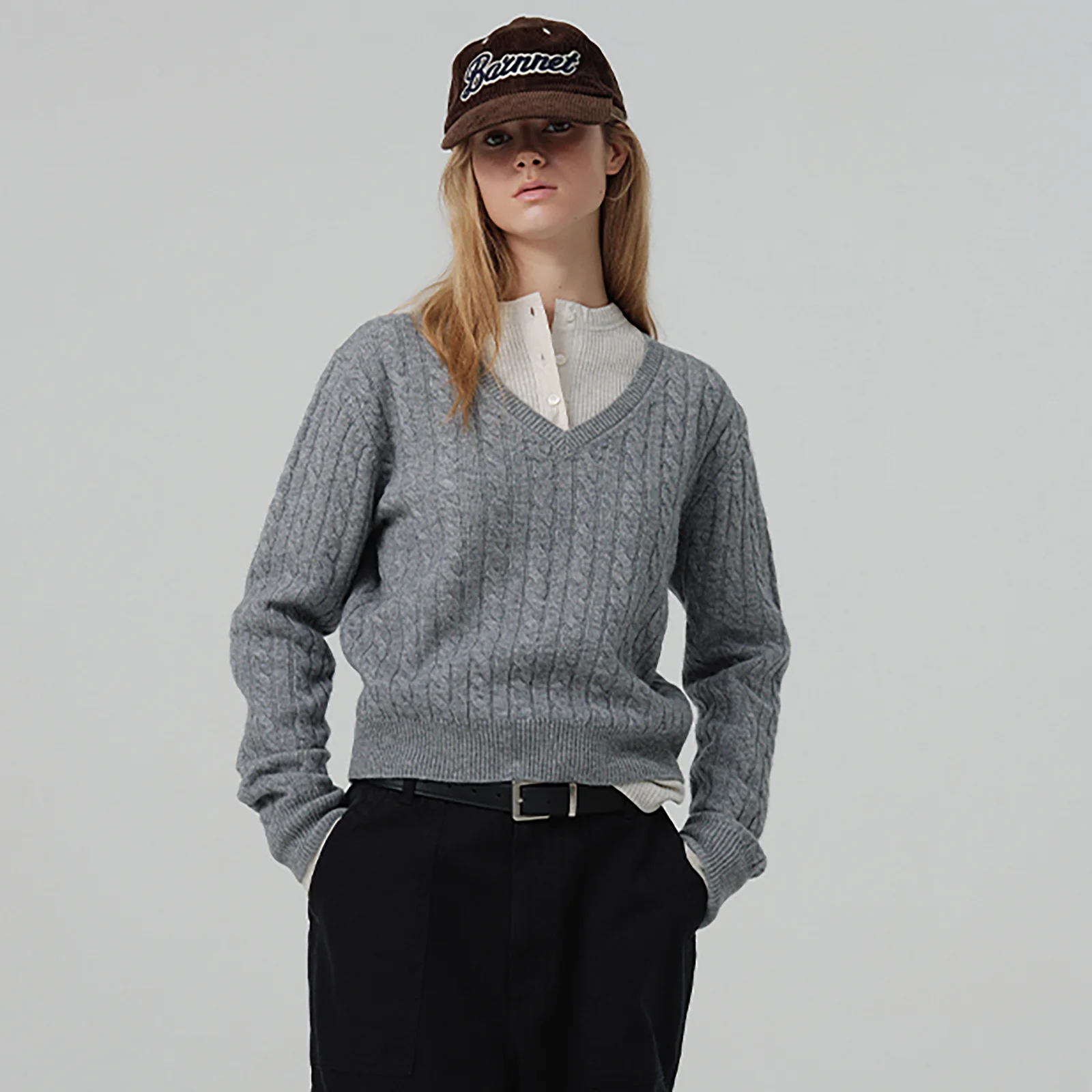 Soft Cashmere V-neck Knit_Melange Grey
