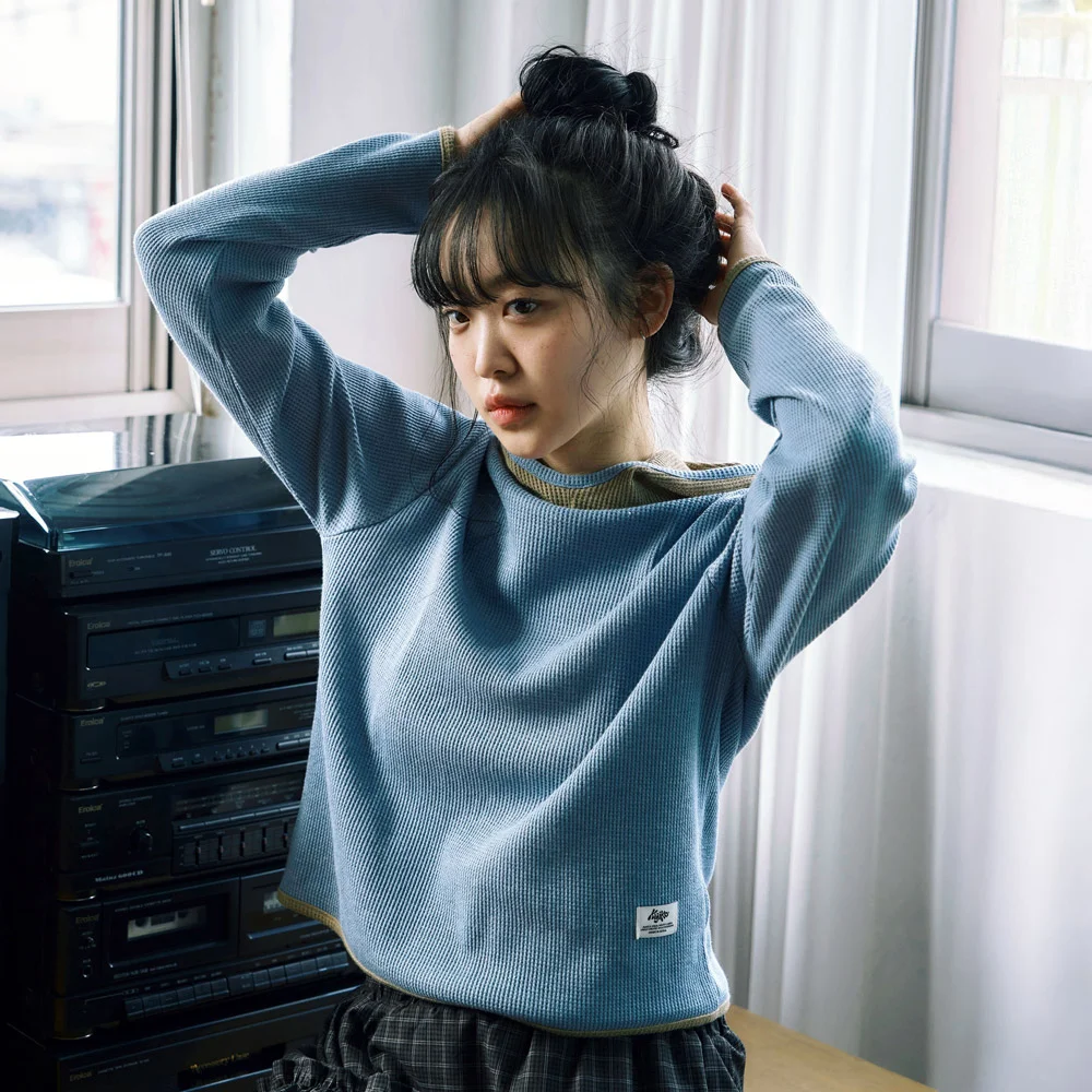 ke308-Balaclava Waffle Hoodie Blue
