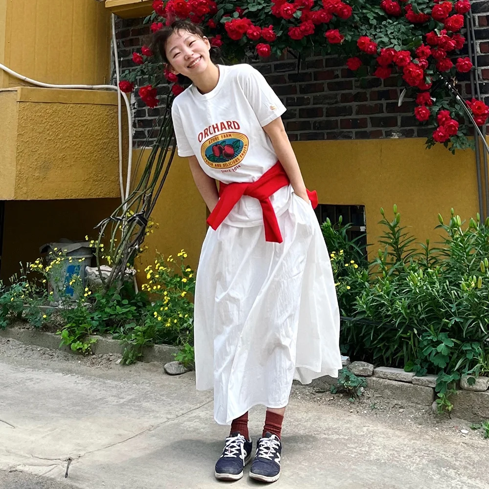 抽褶 喇叭 鬆緊帶 長 半身裙_象牙色