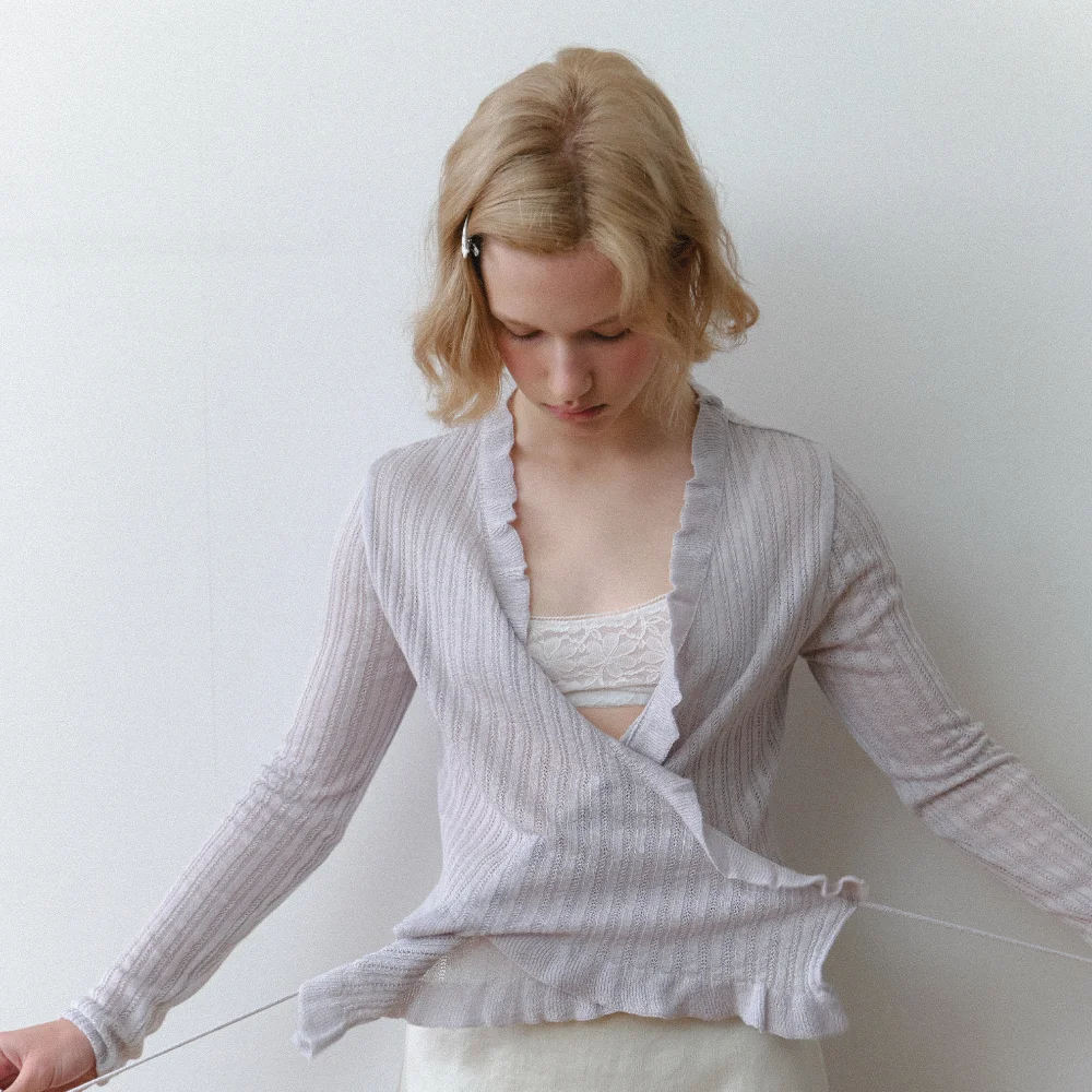 davida crochet wrap cardigan_grayish lilac
