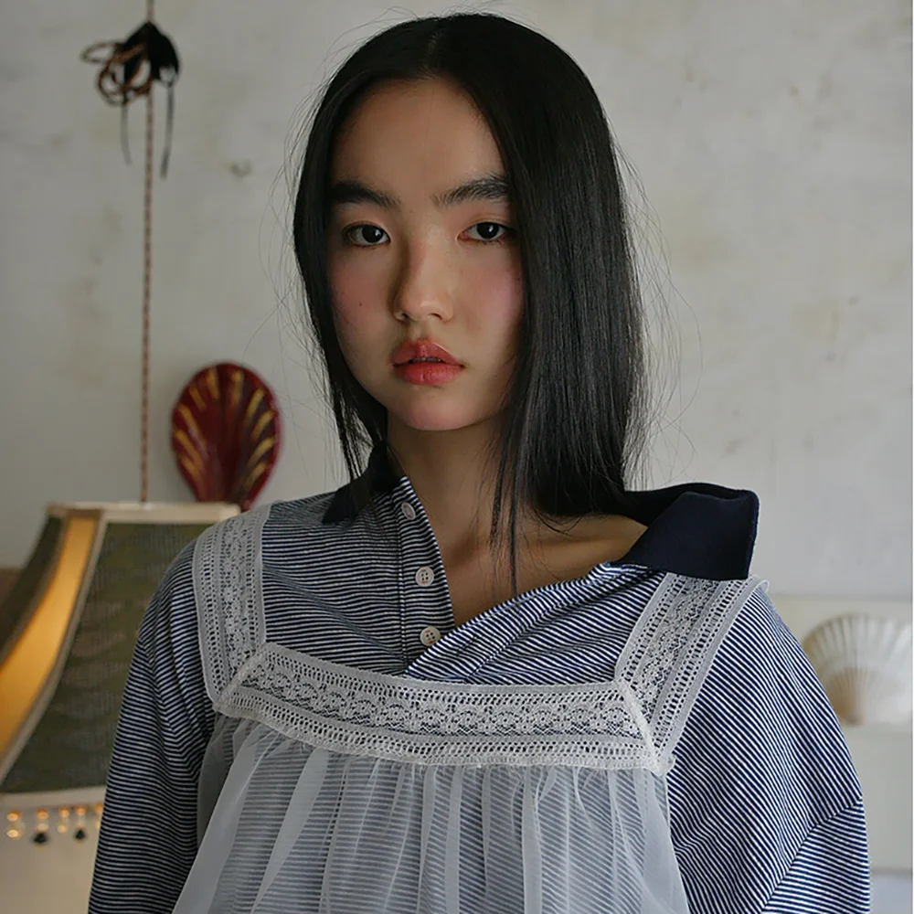 boxy fit button polo shirt in navy stripe