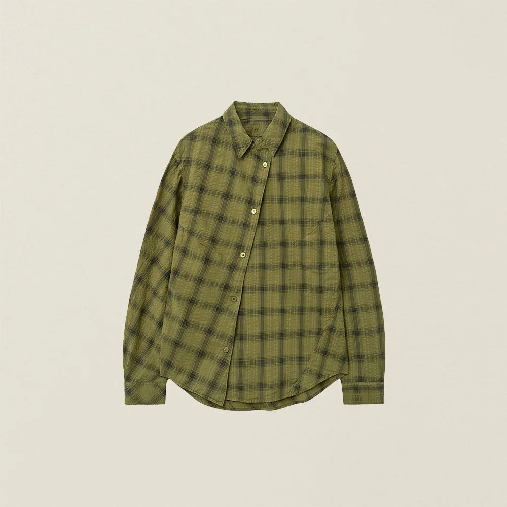 WOMENS GARMENT DYED CURVED CHECK SHIRT KHAKI