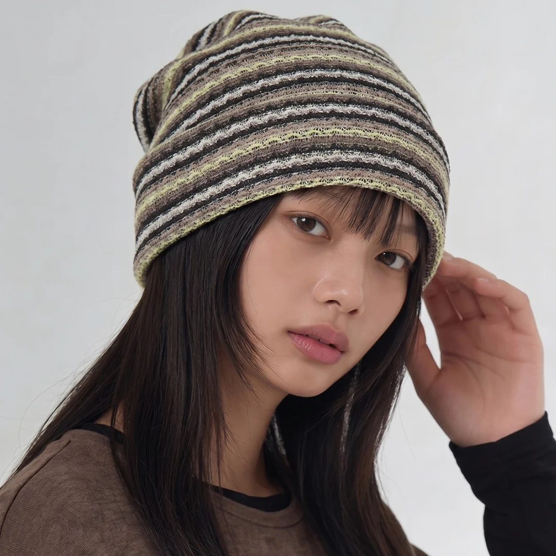 透氣性 網紗 條紋 圖案 夏季 休閒 女裝 長版冷帽 SQUARE NET BEANIE / STRIPE / LEMON BROWN