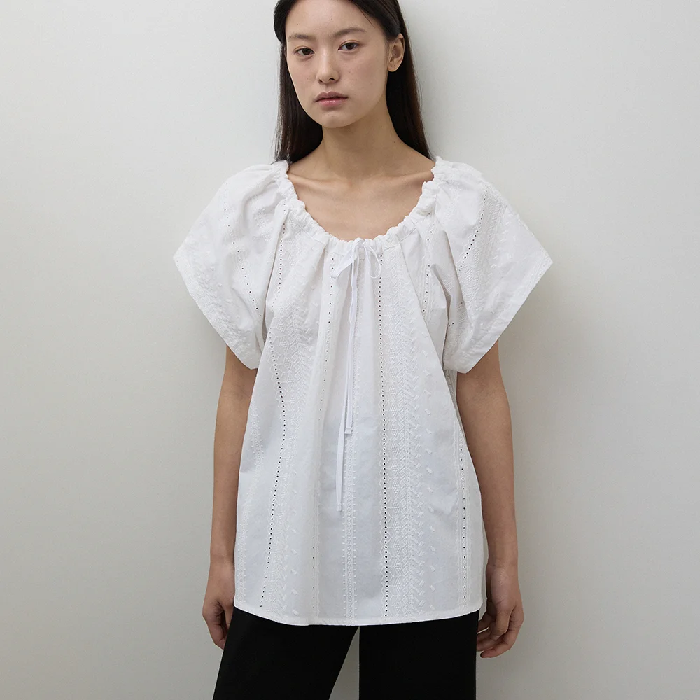 Rose 抽褶 沖孔 雪紡衫_white