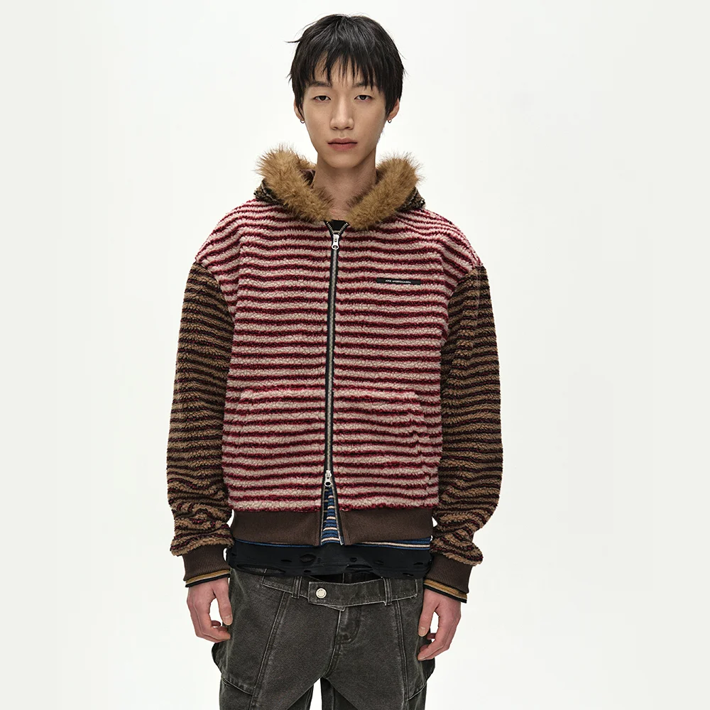 UNISEX STRIPE PATCHWORK FLEECE HOODIE ZIP-UP (MULTI)
