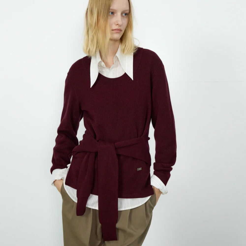 TIE-WAIST KNIT PULLOVER_WINE