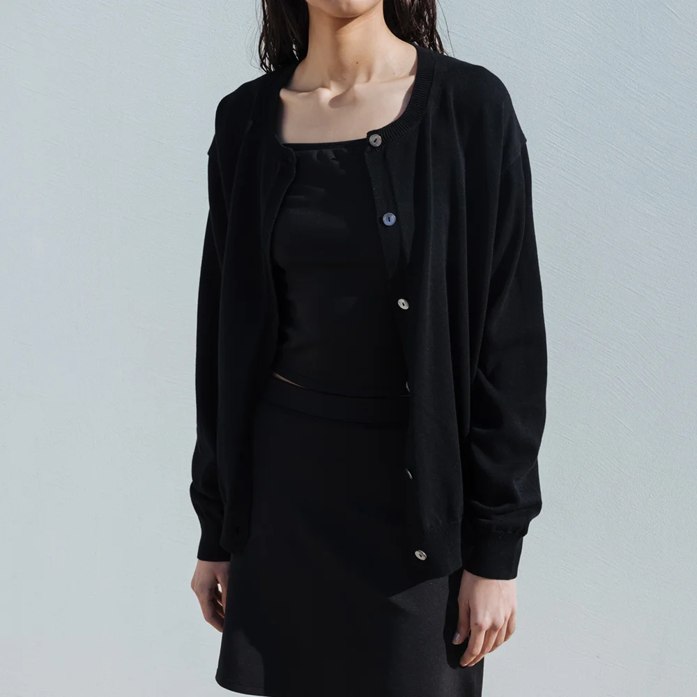 Cotton Round Button Cardigan (Black)