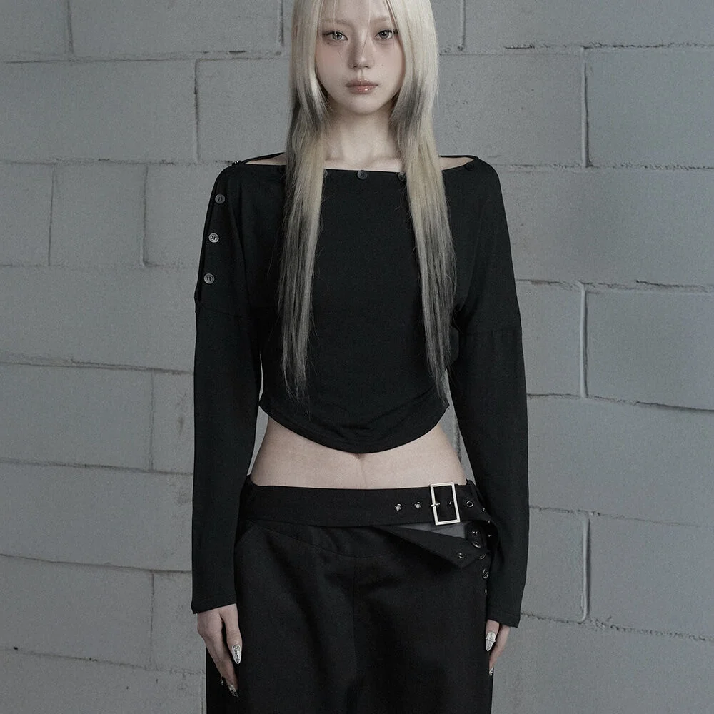 Shoulder Line Button Long Sleeve (Black)